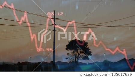 Utility pole and power lines dominating in suburb at dusk, featuring red line chart, numeric labels Utility pole and power lines dominating in suburb at dusk, featuring red line chart, numeric labels 135617689