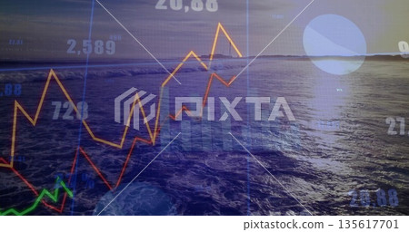 Displaying ocean horizon at sunset, overlaying colorful line charts bar charts labels pie chart 135617701