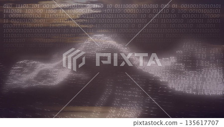 Flowing binary code ribbon undulating across cyberspace, with glowing streams of zeros and ones 135617707