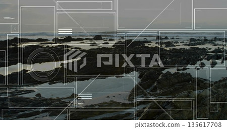 Stretching jagged rocky shoreline at low tide, showcasing shallow tide pools, distant ocean waves Stretching jagged rocky shoreline at low tide, showcasing shallow tide pools, distant ocean waves 135617708