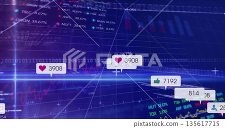 Displaying callouts showing heart and like counts on financial dashboard with line and bar graphs 135617715