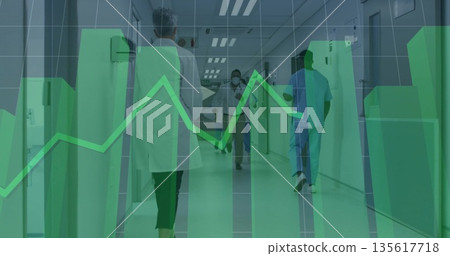 Walking male doctor wearing lab coat, stethoscope through hospital corridor, with data overlay Walking male doctor wearing lab coat, stethoscope through hospital corridor, with data overlay 135617718