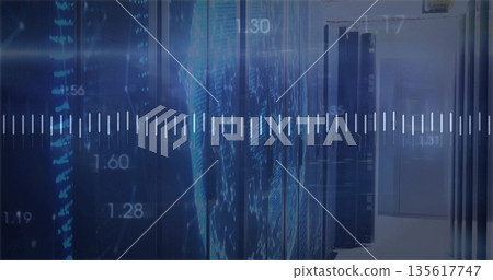 Displaying servers projecting world map overlay in data center corridor, with numeric waveform 135617747