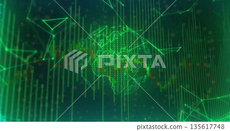 Rotating wireframe globe highlighting Africa and Europe on grid, with bar charts and network nodes 135617748