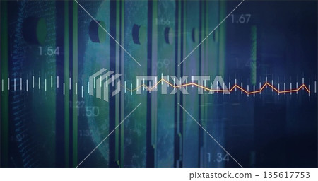 Displaying waveform line spanning data dashboard with green bars, globe outline, numeric labels 135617753