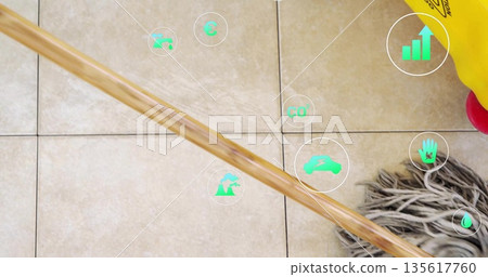 Mopping wooden handle and gray mop head cleaning room floor, with yellow bucket, green metric icons Mopping wooden handle and gray mop head cleaning room floor, with yellow bucket, green metric icons 135617760