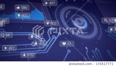 Displaying central HUD element showing concentric data rings on blue grid, with floating callouts 135617771