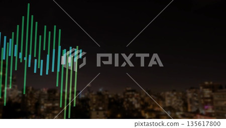 Displaying colored vertical bars forming audio equalizer over nighttime urban skyline, copy space Displaying colored vertical bars forming audio equalizer over nighttime urban skyline, copy space 135617800