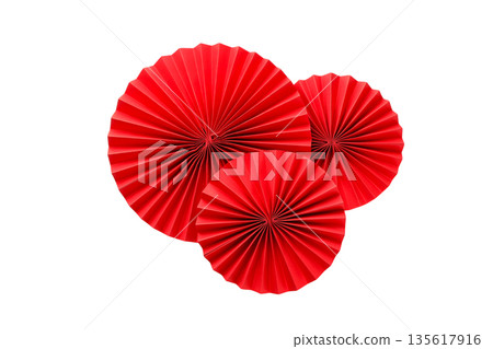 Three red paper fans in a circle, isolated, PNG Three red paper fans in a circle, isolated, PNG 135617916
