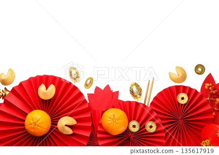 Red fans decorated with mandarin oranges and gold items, isolated, PNG Red fans decorated with mandarin oranges and gold items, isolated, PNG 135617919