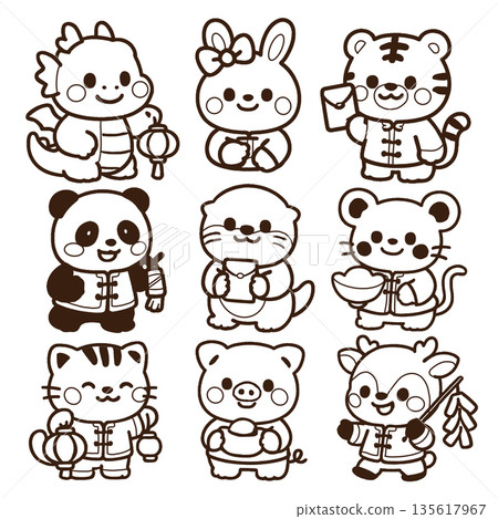 Cute animal character line art lunar new year traditional clothing Cute animal character line art lunar new year traditional clothing 135617967
