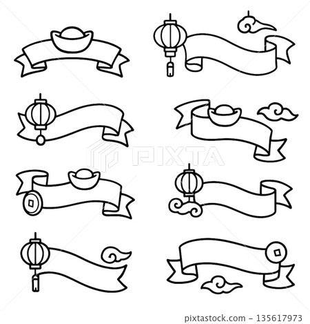 Ribbon banner set, outline , black and white, minimalist, decoration 135617973