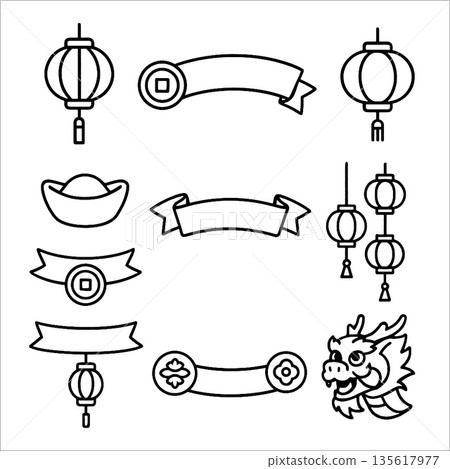 Ribbon banner set, outline , black and white, minimalist, decoration Ribbon banner set, outline , black and white, minimalist, decoration 135617977