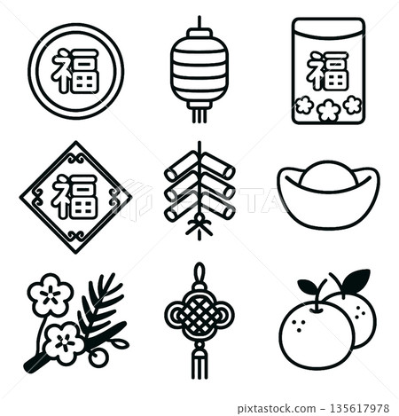 Chinese new year icon outline symbol luck lantern gold tangerine blossom knot 135617978