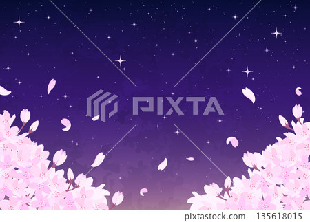 夜空中的櫻花和星空插圖_橫版 3 135618015