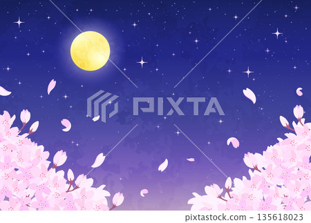 夜幕下的櫻花、滿月和星空插圖_橫向 3 135618023
