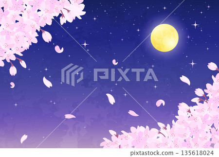 Illustration of cherry blossoms at night, full moon and starry sky_Horizontal 4 135618024