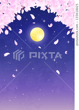 夜幕下的櫻花、滿月與星空插畫_直版 1 135618025