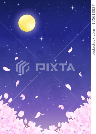 夜幕下的櫻花、滿月和繁星點點的插圖_豎版 3 135618027