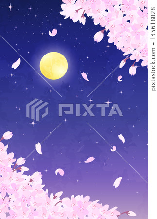 夜幕下的櫻花、滿月和繁星點點的插圖_豎版 4 夜幕下的櫻花、滿月和繁星點點的插圖_豎版 4 135618028