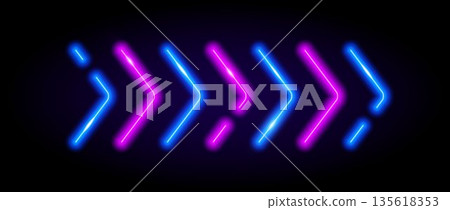 Blue and purple neon arrow element. Glowing led direction sign. Shine tube lamps in arrowhead shape. Bright luminous fluorescent pointer effect for banner, poster, logo. Vector neon led light 135618353