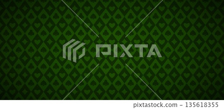 Green playing cards pattern background. Retro poker or casino table theme wallpaper. Vintage spades, hearts, diamonds, clubs symbols backdrop. Vegas gambling concept texture. Vector 135618355