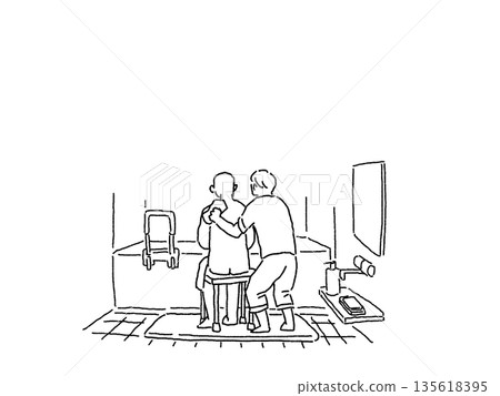 福利、照護、工作（協助洗澡）、線條畫 135618395