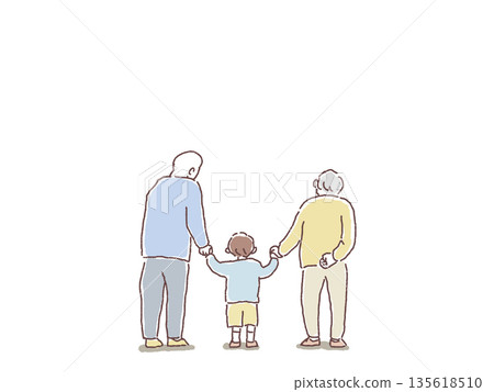 一對老年夫婦和他們的孩子手牽手 一對老年夫婦和他們的孩子手牽手 135618510