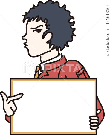 身穿工作服的男子手持框架的插圖,紅色制服 身穿工作服的男子手持框架的插圖,紅色制服 135618565