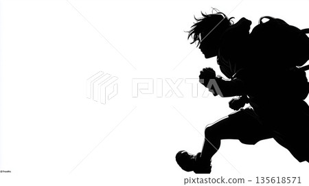 Silhouette of an anime-style boy running with a backpack 135618571