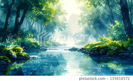 清澈溪流景色的水彩插畫 135618572