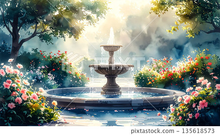 花園噴泉水彩插圖 135618573