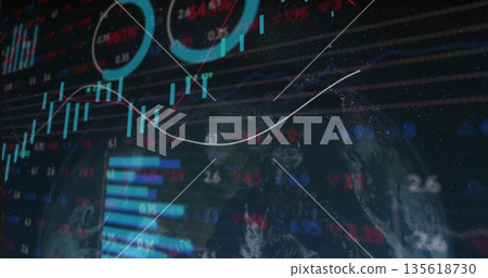 Displaying Earth globe overlaying trading dashboard with candlestick bars line chart and gauges Displaying Earth globe overlaying trading dashboard with candlestick bars line chart and gauges 135618730