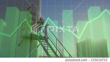 Inspecting technician wearing vest analyzing overlay data on platform next to tank, tablet device 135618733