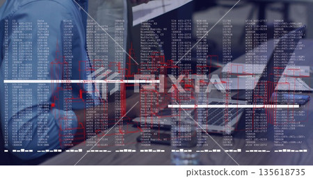 Colleagues collaborating on data analysis in meeting room, with laptops notebooks coffee mug 135618735