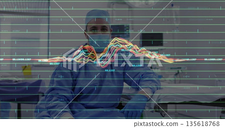 Sitting surgeon in blue scrubs in operating room, with line graph overlay and instrument tray Sitting surgeon in blue scrubs in operating room, with line graph overlay and instrument tray 135618768