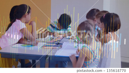 Seven classmates drawing and coloring in art room, with pencils crayons markers, bar graph overlay Seven classmates drawing and coloring in art room, with pencils crayons markers, bar graph overlay 135618770