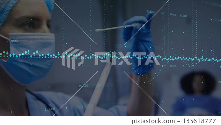 Holding scrubclad nurse examining cotton swab and sample vial in ward with data overlay, copy space Holding scrubclad nurse examining cotton swab and sample vial in ward with data overlay, copy space 135618777