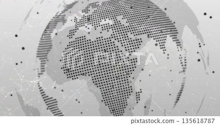 Displaying digital dotted globe mapping network links in abstract interface, with circular nodes Displaying digital dotted globe mapping network links in abstract interface, with circular nodes 135618787