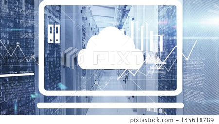 Displaying white laptop outline showing cloud icon over data center with racks and code overlays Displaying white laptop outline showing cloud icon over data center with racks and code overlays 135618789