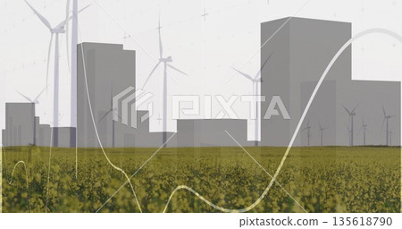 Showing yellow flowering field covering farmland with grey skyline, wind turbines and graph overlay Showing yellow flowering field covering farmland with grey skyline, wind turbines and graph overlay 135618790