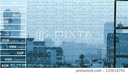 Displaying transparent currency grid over hazy city skyline, showing exchange rates with triangles 135618791