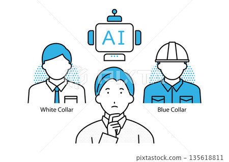 插圖描繪了一位年輕人在人工智慧不斷發展的世界中，思考是選擇白領工作還是藍領工作。 135618811