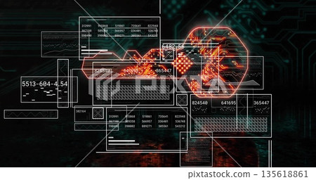 Displaying grid overlays with numeric readouts in circuit space, with glowing hexagon over PCB 135618861