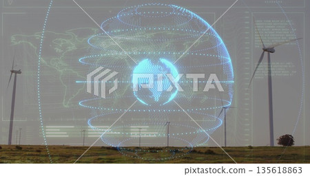 Displaying digital globe with orbital rings rotating above rural wind farm turbines and power poles 135618863