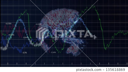 Digital globe rotating in finance dashboard with colored line graphs, candlesticks, percent labels Digital globe rotating in finance dashboard with colored line graphs, candlesticks, percent labels 135618869