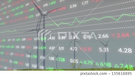 Displaying wind turbine silhouette in rural field, with stock data, line chart, dashed grid lines 135618895