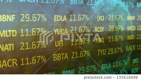 Displaying digital panel showing ticker codes percentages at office with skyline water reflections Displaying digital panel showing ticker codes percentages at office with skyline water reflections 135618899