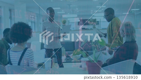 Leading woman holding laptop in lounge, team reviewing tablet at table with coffee cups bottle sofa Leading woman holding laptop in lounge, team reviewing tablet at table with coffee cups bottle sofa 135618910