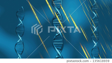 Floating semi transparent DNA helices swirling over blue gradient, showing golden light streaks 135618939